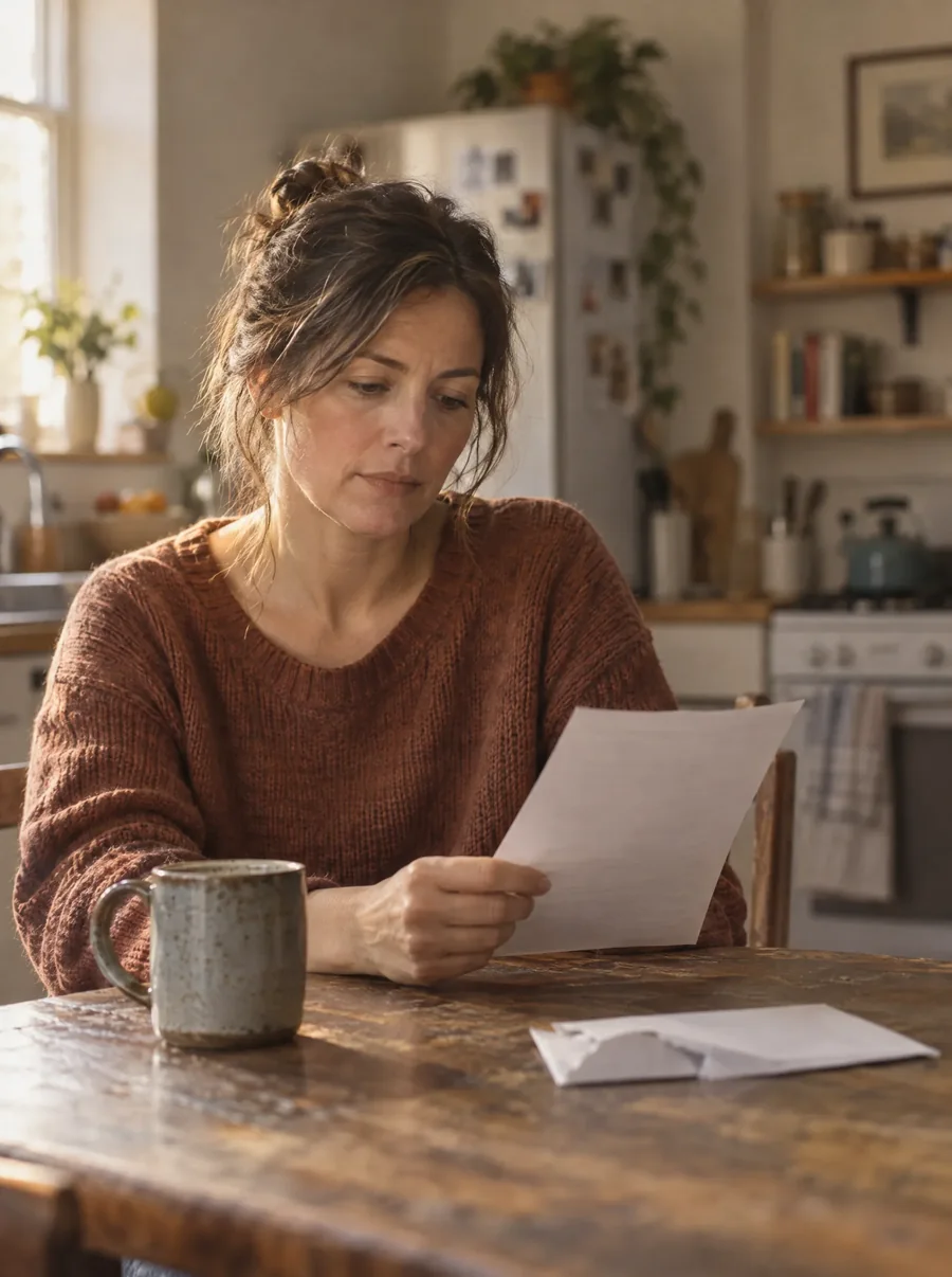 A person at a kitchen table with a letter, mid-afternoon