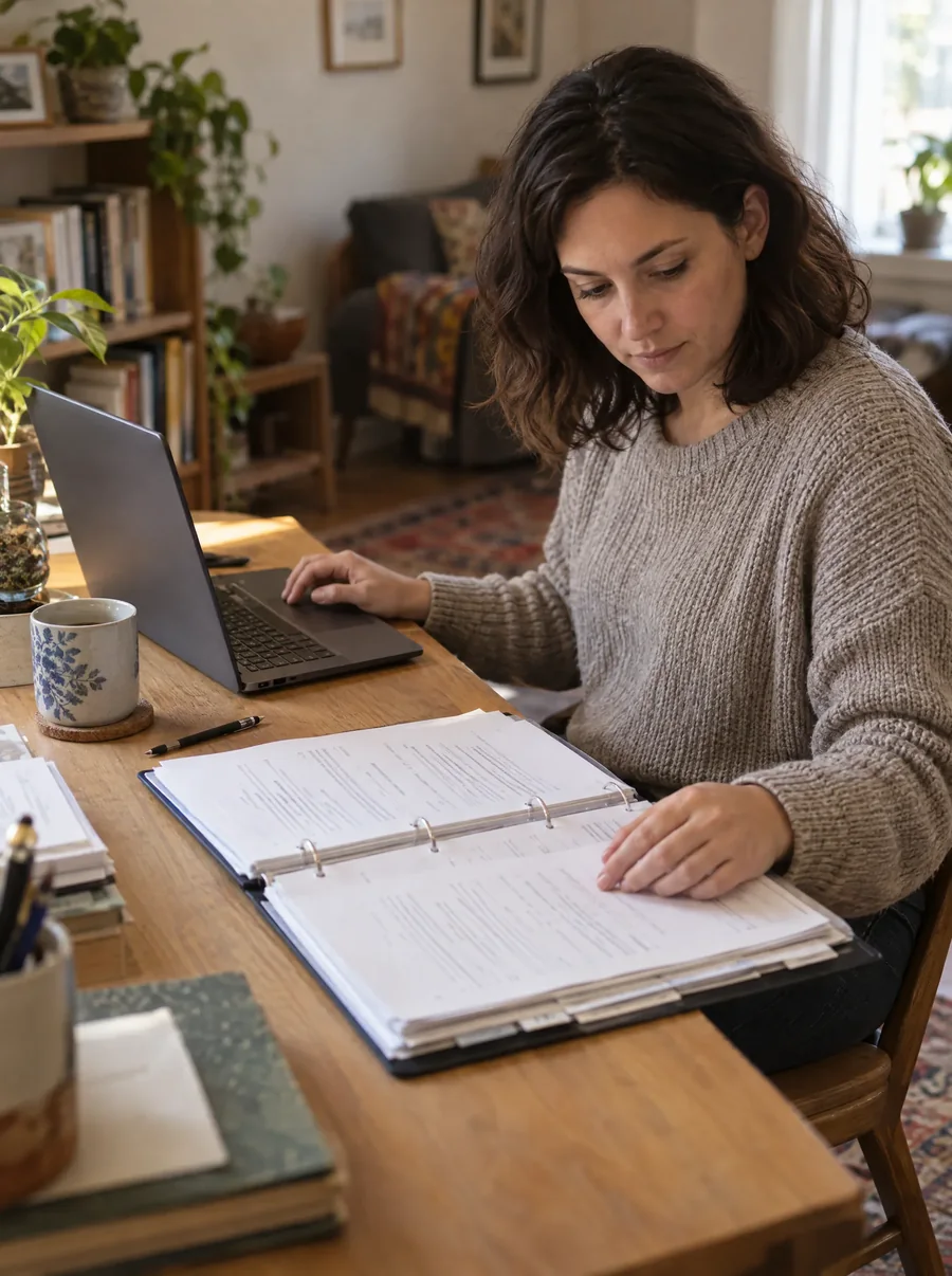 A person managing a chronic condition at a laptop, prior correspondence beside them