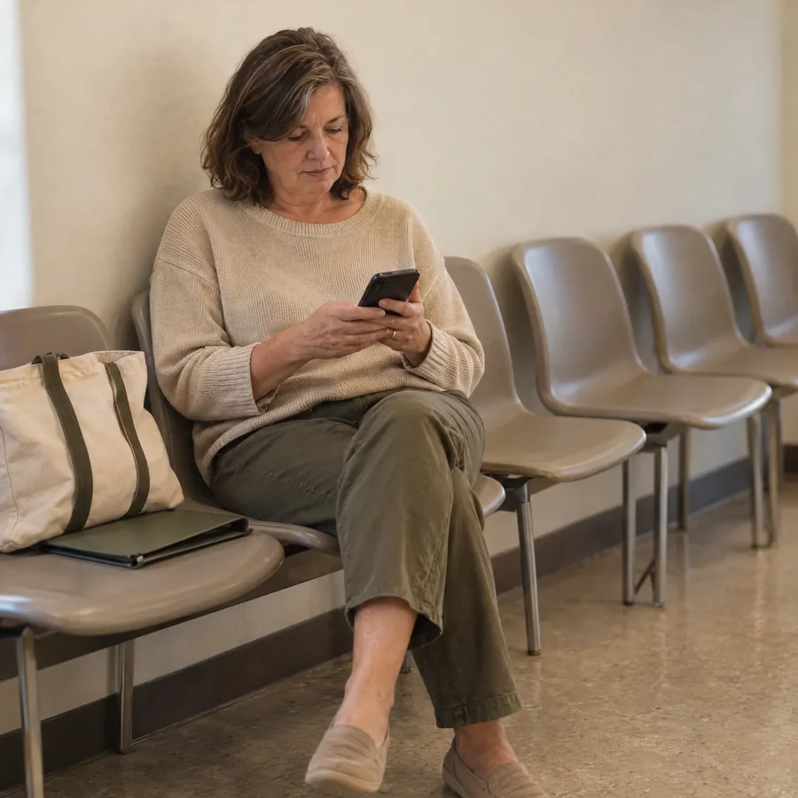A caregiver on a phone in a waiting room, handling it for someone else